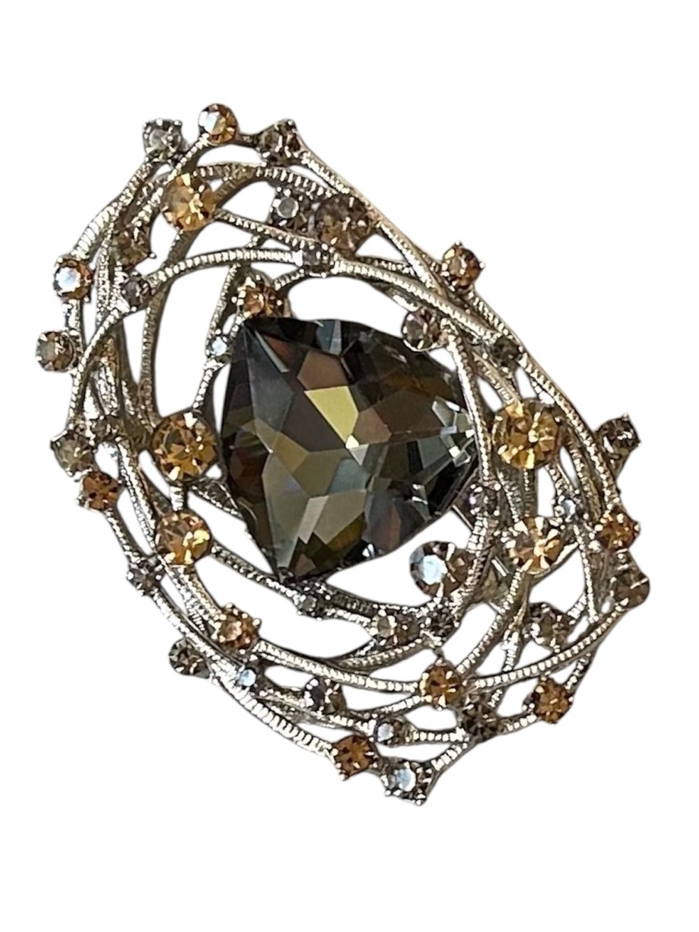 Bird’s Nest Rhinestone Brooch With Faceted Center Quartz